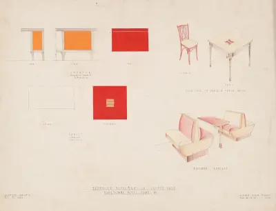 Drawings for proposed redecorations of Yorketowne Coffee Shop, Job #238, York, PA.] [Drawing #6, interior plans for tables, counters, benches av Winold Reiss