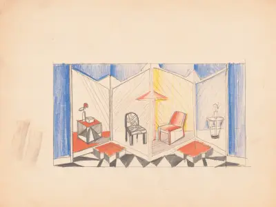 Exhibit design with stage in form of folding screen.] [Sketch of exhibit with modern chairs and tables av Winold Reiss