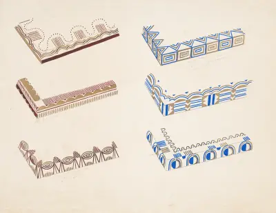 Graphic design drawings for Barricini Candy packages.] [3-D Study for 6 rectangular boxes (2 sides partially shown) av Winold Reiss