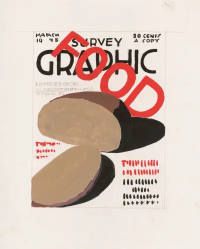 Graphic design for cover of Survey Graphic Magazine; ‘Food’.] [Design with text and food items av Winold Reiss