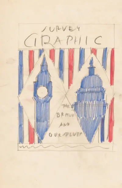Grafisk formgivning för omslaget till Survey Graphic Magazine; 'The British and Ourselves'] [Teckning med brittiska parlamentet och USA:s kongressbyggnad av Winold Reiss