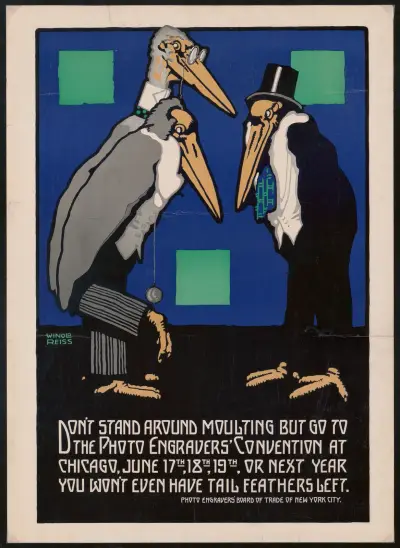 Graphic design for Photo Engravers Convention, Chicago.] [Poster featuring cartoon-like storks av Winold Reiss