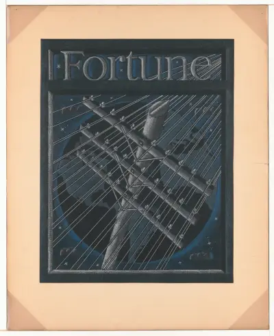 Graphic designs for Fortune magazine.] [Study for cover with large telephone lines superimposed over the globe av Winold Reiss