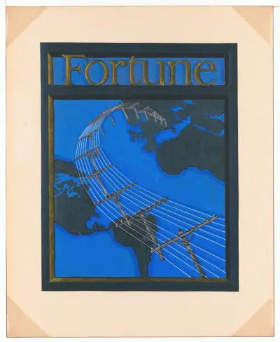 Graphic designs for Fortune magazine.] [Study for cover with telephone lines spanning the globe av Winold Reiss