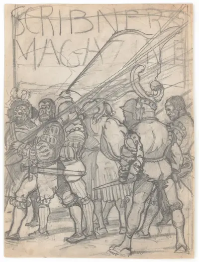 Graphic designs for Scribner’s Magazine cover, Medieval Festival theme. Drawing of men with medieval clothing and weapons, including Scribner’s logo av Winold Reiss