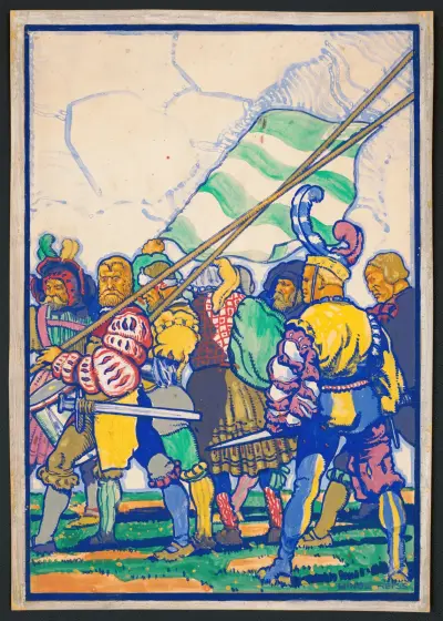 Graphic designs for Scribner’s Magazine cover, Medieval Festival theme.] [Colored drawing of men with medieval clothing and weapons av Winold Reiss