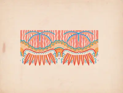 Grafisk textil- eller tapetdesign med geometriska mönster.] [Interiör; mural färgstudie, tropiskt tema med palmer av Winold Reiss