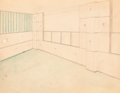Interior design drawings for unidentified rooms.] [Sketch for interior with green coloring and floral pattern on wall av Winold Reiss