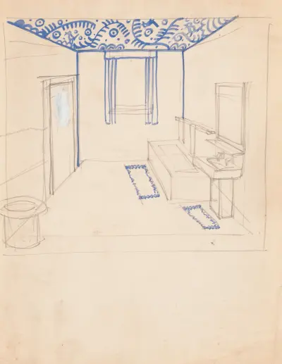 Interiörskisser för Alamac Hotel, 71st och Broadway, New York, NY.] [Ofullständig interiörperspektiv av ett badrum av Winold Reiss