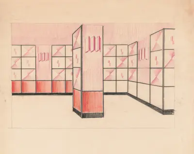 Interior perspective drawings of Hotel Siwanoy, Mount Vernon, NY.] [Interior perspective, unidentified room in pink, vermillion, and black av Winold Reiss