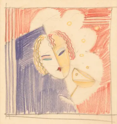 Miscellaneous small sketches for inlaid table tops.] [Design with female face and cocktail beverage av Winold Reiss