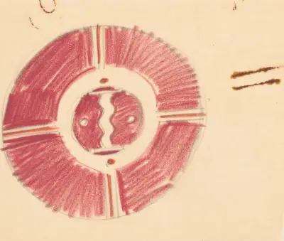 Miscellaneous small sketches for inlaid table tops.] [Design with red geometric motif av Winold Reiss