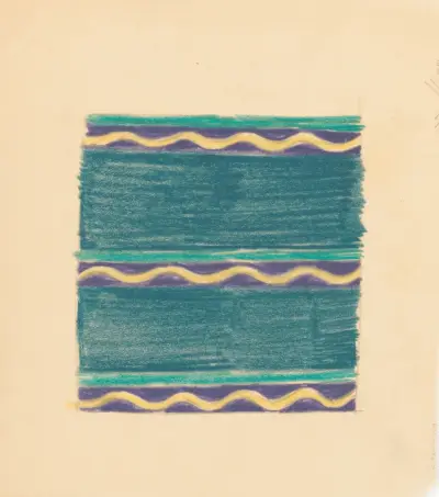 Miscellaneous small sketches for inlaid table tops.] [Design with green lines and yellow wave motif av Winold Reiss