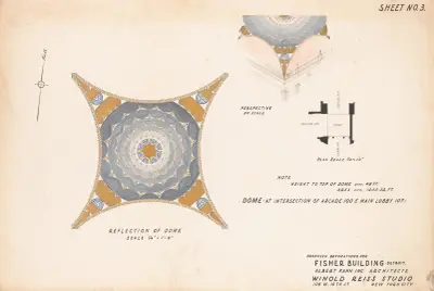 Proposed decorations for Fisher Building, Detroit, MI.] [Sheet No. 3, Dome at intersection of arcade 100 and Main Lobby 107 av Winold Reiss