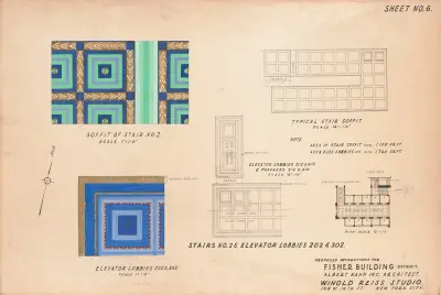 Proposed decorations for Fisher Building, Detroit.] [Soffit of stair no. 2.] [Elevator lobbies 202 & 302 av Winold Reiss