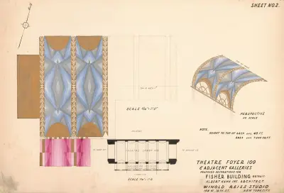 Proposed decorations for Fisher Building, Detroit.] [Theatre foyer 109 & adjacent galleries av Winold Reiss