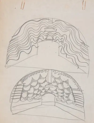 Suggested treatments of Auditorium for Theatre and Concert Hall, New York World’s Fair 1939. Sketch for unlettered scheme, for proscenium av Winold Reiss