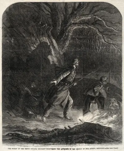 Pikieta Dziesiątego Pułku Indiany odkrywająca zbliżanie się rebeliantów pod Mill Spring w Kentucky, Winslow Homer