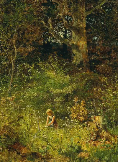 Mädchen, das im Waldlichtung Blumen pflückt von Olga Wisinger-Florian