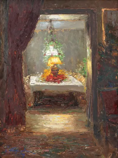 Blick på ett festligt dukat bord av Olga Wisinger-Florian