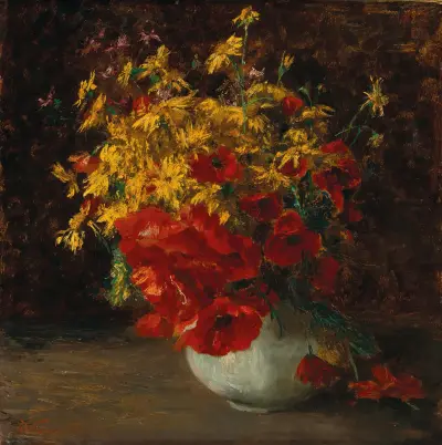 Bouquet of Forest Flowers, Poppies and Yellow Daisies in a vase av Olga Wisinger-Florian