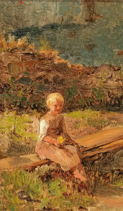 Kind auf einem Holzweg sitzend von Olga Wisinger-Florian