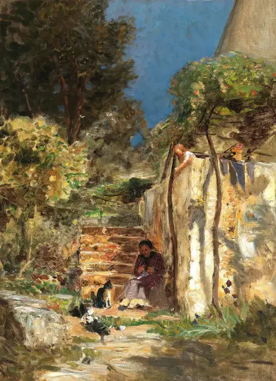 Kätzchen spielen in einer südlichen Landschaft von Olga Wisinger-Florian
