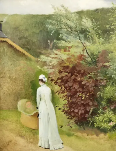 Landschaft, Frau mit Kinderwagen von Olga Wisinger-Florian