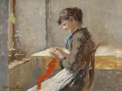 Strickende Frau am Fenster av Olga Wisinger-Florian