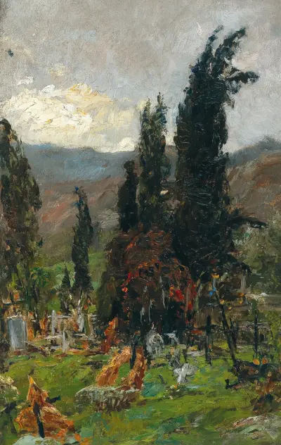 Blick über einen Friedhof in der Dämmerung von Olga Wisinger-Florian