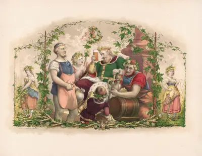 Král Gambrinus sedící, obklopený sládky, 1878 – Nr. 2, Wittemann Bros.