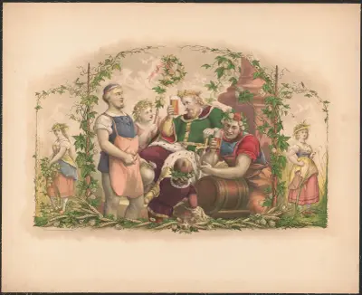 King Gambrinus seated, attended by brewers, 1878 – nr 1 av Wittemann Bros.