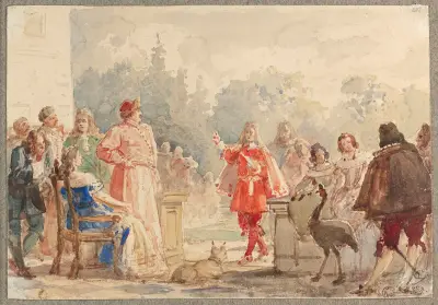 Jan III Sobieski med sin familj på en terrass i Wilanów lyssnande till kanik Ustrzyckis dikt 'Sobiesciada' (1686) av Wojciech Gerson