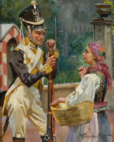En soldat och en flicka – framför Belvedere av Wojciech Kossak