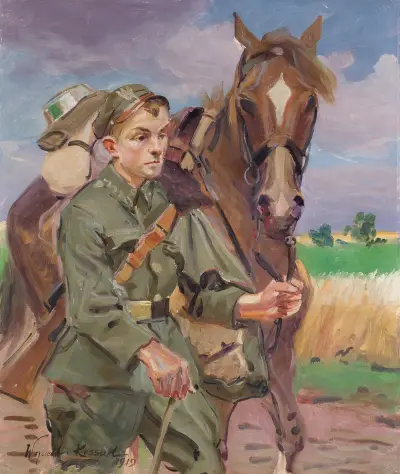 Ein Soldat mit einem Pferd von Wojciech Kossak