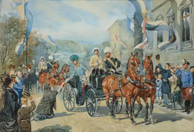 Der Kaiser nimmt die Petition während seiner Fahrt im Wagen durch die Stadt entgegen von Wojciech Kossak