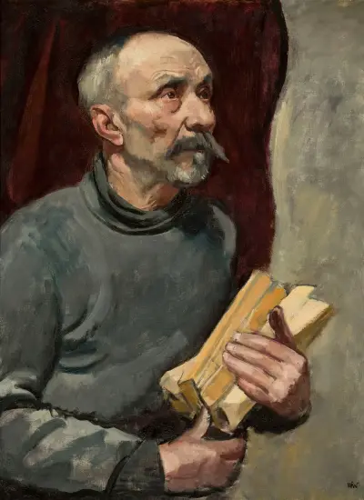 Gammal man med huggen ved av Wojciech Weiss