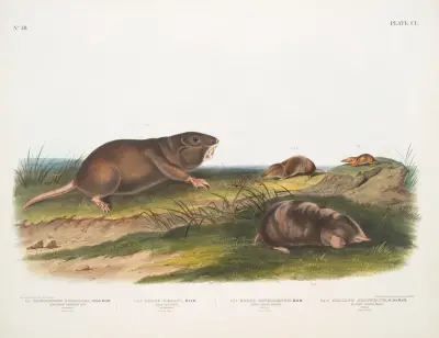 1. Pseudostoma Floridana, sydlig påssråtta 2. Sorex Dekayi, Dekays näbbmus av John Woodhouse Audubon