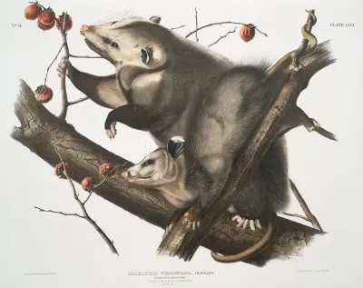Didelphis Virginiana, Virginian Opossum. Female & young male. 7 months old. Natural size. av John Woodhouse Audubon