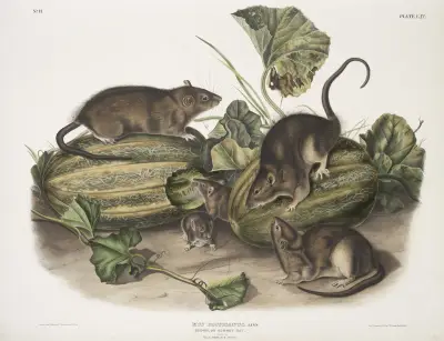 Mus decumanus, brun eller norsk råtta. Naturlig storlek. Hane, hona och ungar. av John Woodhouse Audubon