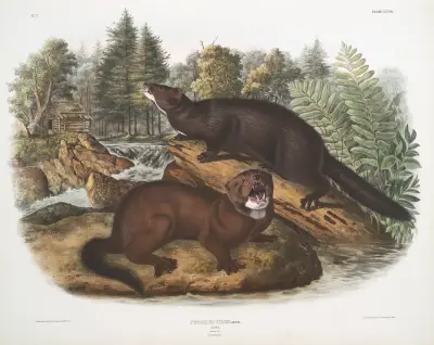 Putorius vison, mink. Naturlig storlek. Hane och hona. av John Woodhouse Audubon