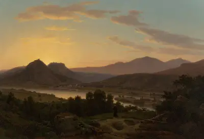 Sunrise, View of Drachenfels from Rolandseck av Worthington Whittredge