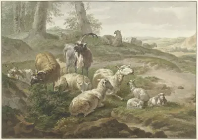 Bokken en schapen in een heuvelachtig landschap , after Nicolaes Pietersz. Berchem av Wybrand Hendriks
