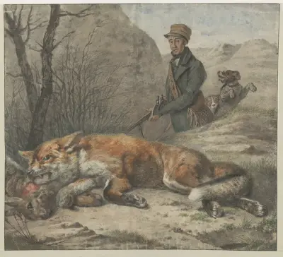 Jan Christiaan Springer, waard van ‘Het Rechthuis’ te Overveen, bij een geschoten vos op het terrein van de buitenplaats ‘Jachtlust’ te Santpoort. av Wybrand Hendriks