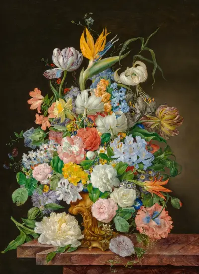 A bird of paradise, roses, tulips and other flowers in a gilt bronze vase on a stone ledge av Franz Xaver Petter