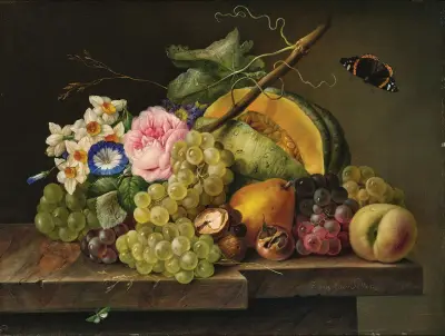 Still Life with Grapes, Pumpkin, Pear, Walnuts, Rose, Daffodils, and Butterfly av Franz Xaver Petter