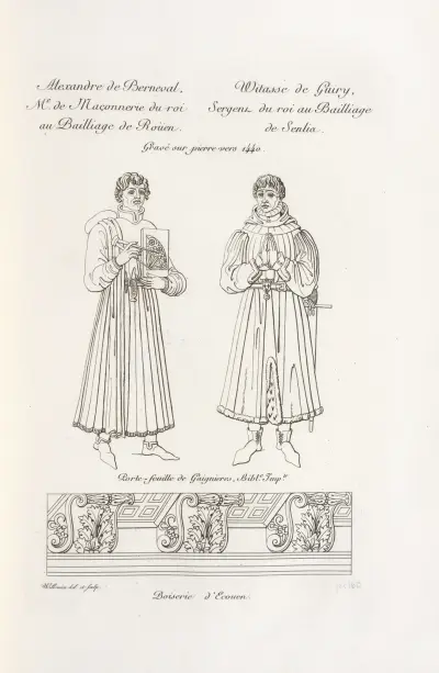 Alexandre de Berneval, kunglig byggmästare i bailiaget Rouen. Witasse de Guiry, kunglig sergeant i bailiaget Senlis av Nicolas Xavier Willemin