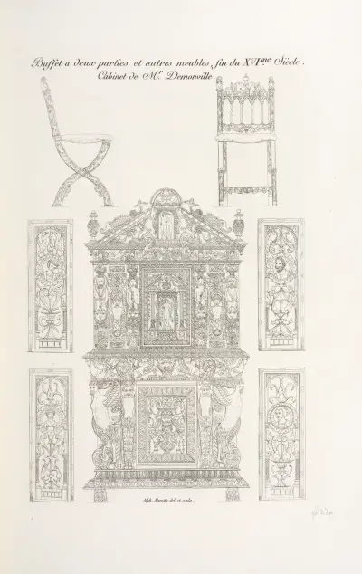 Buffet à deux parties et autres meubles, fin du XVIme. siècles. Cabineet de Mr. Demonville. av Nicolas Xavier Willemin