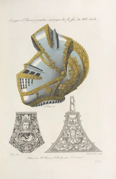 Casque et poires à poudre, ouvrages de la fin du XVIe. siècle. av Nicolas Xavier Willemin