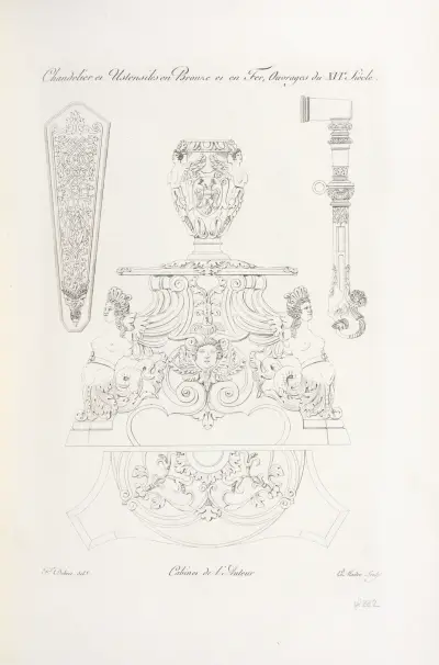 Chandelier et ustensiles en bronze et en fer, ouvrages du XVIe. siècle. av Nicolas Xavier Willemin